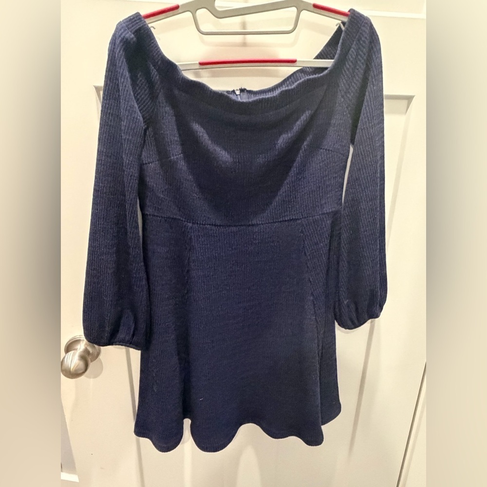 Lulus Navy Blue Off Shoulder Thermal Waffle Knit Top Tunic Size L Balloon Sleeve